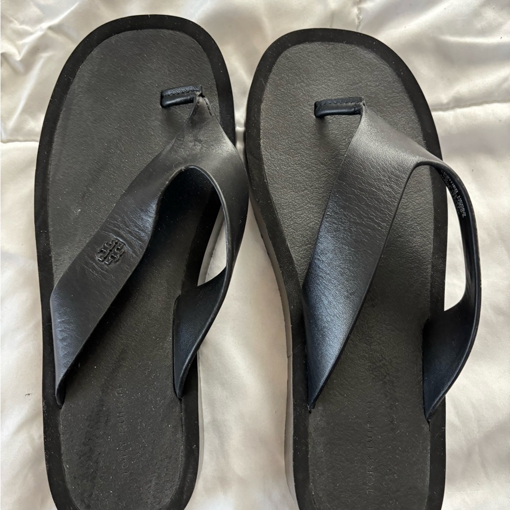 Tory Burch Black Leather wedge flip flops (brand new, never worn!!!), size 9